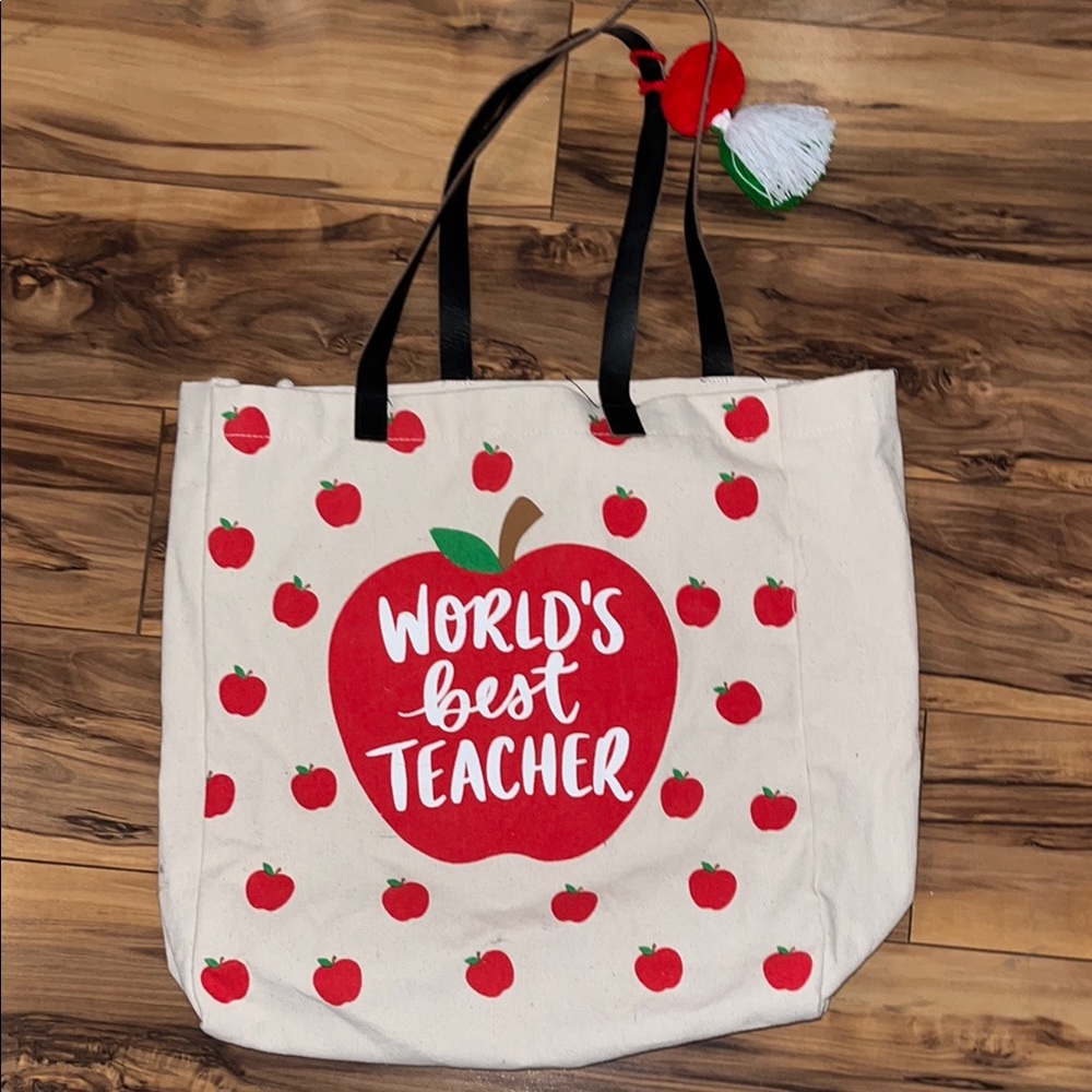 Red and Cream Tote Bag with Apple Graphic